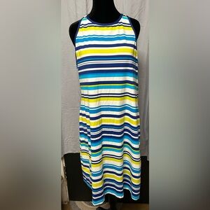 Tommy Bahama Navy, White & Yellow Striped Sleeveless Midi Dress